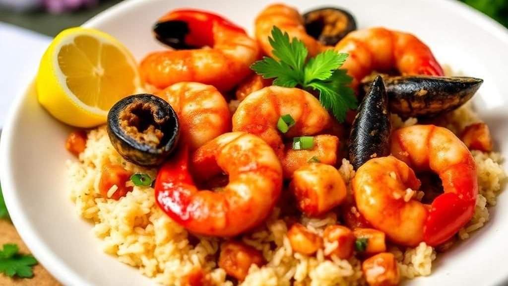 Guiso De Mariscos Con Arroz y Salsa Criolla Arroz con Mariscos