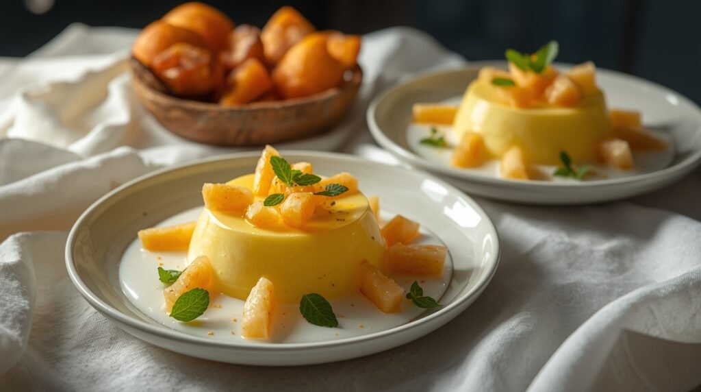 Gelatina de guayaba en platos, con trozos de fruta, rodeada de coquito y luces