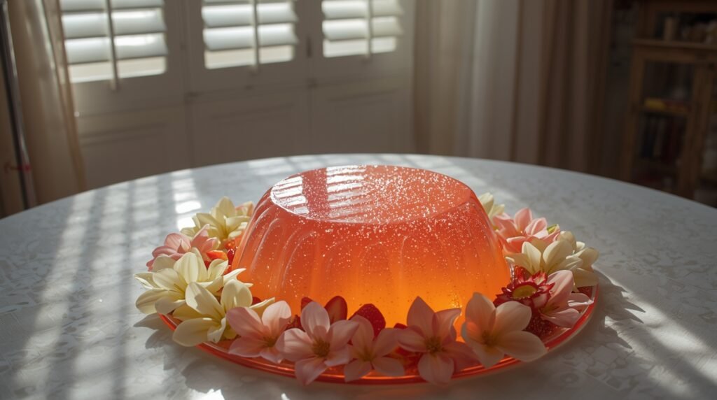 Gelatina desmoldada brillando, en una mesa con decorada