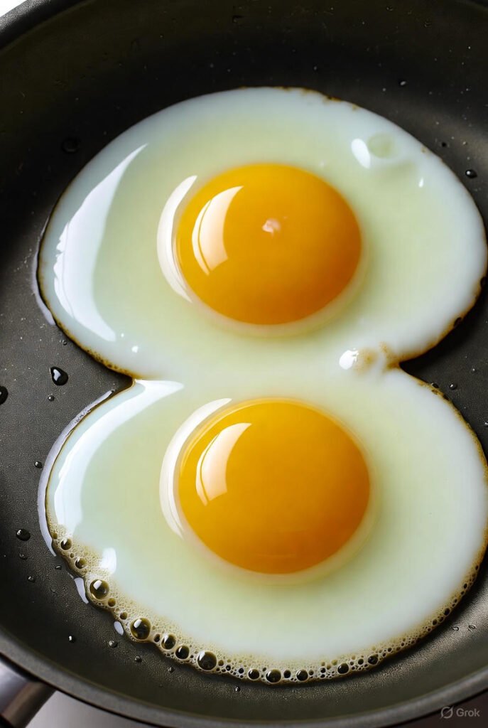 Huevos estrellados con la yema intacta cocinándose en sartén antiadherente