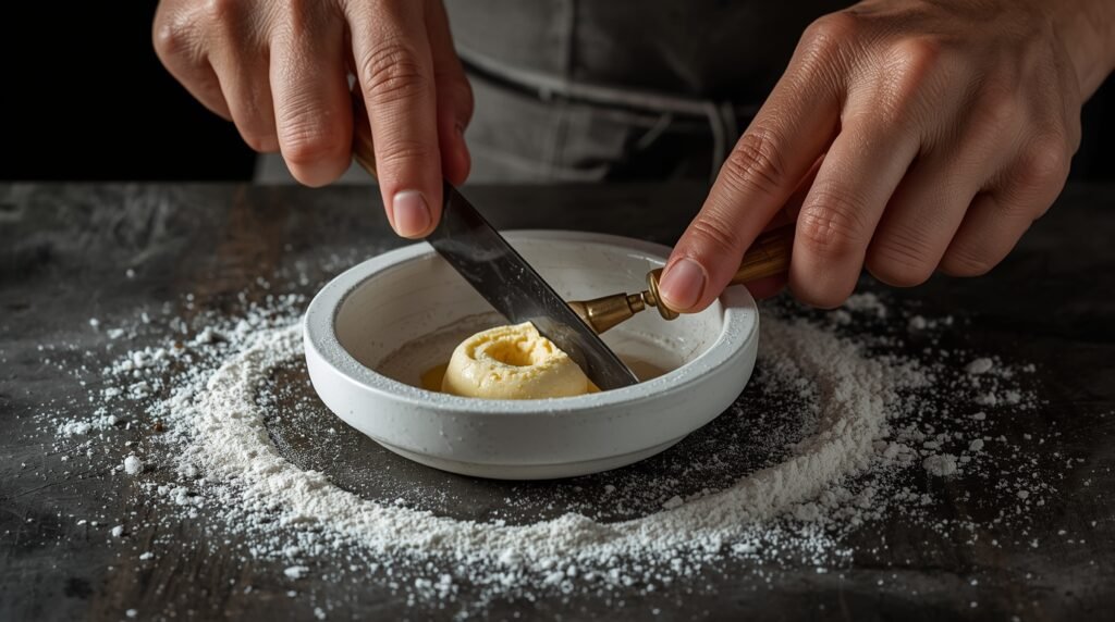 Mano cortando mantequilla fría en harina, con textura arenosa en un tazón