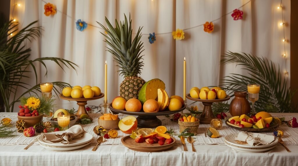 Mesa de postres con frutas tropicales