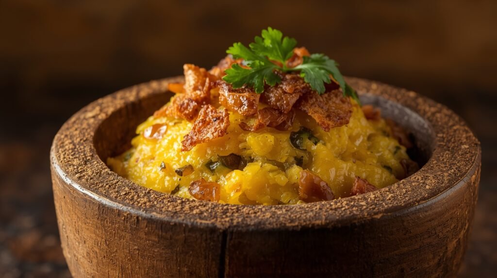 Mofongo en pilón de madera, con textura visible de plátano y chicharrón