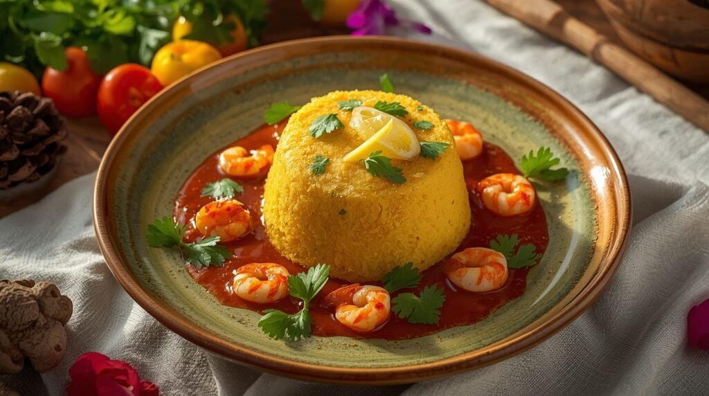 Mofongo servido con salsa de camarones, colores vivos y presentación festiva Recetas Puertorriqueñas