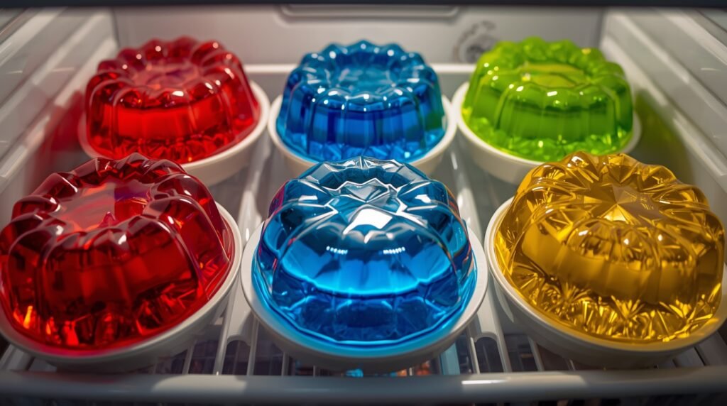Moldes de gelatina en el refrigerador, con colores vibrantes visibles
