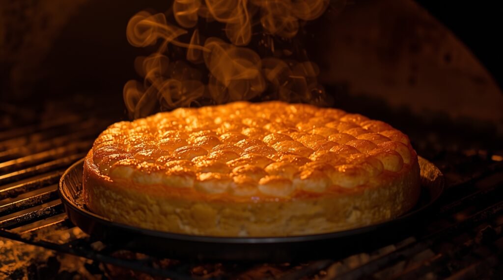 Pastel dorado horneándose, con burbujas de relleno visible