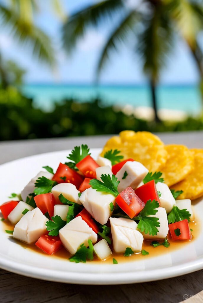 Plato servido de ensalada de carrucho en una mesa al aire libre, con tostones crujientes al lado y un fondo de palmeras y mar