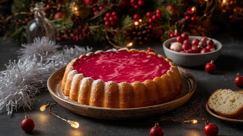 Rebanada de pastel con relleno rosado, en una mesa con coquito y luces navideñas