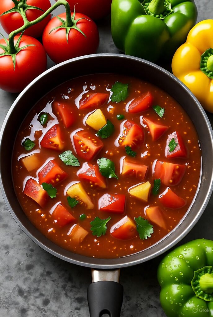 Salsa criolla cocinándose en sartén con colores vibrantes de vegetales frescos
