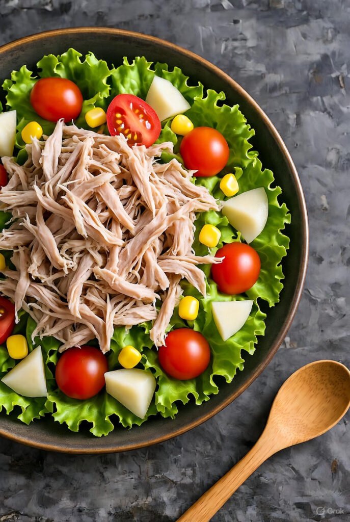 Un tazón grande con la ensalada de carrucho recién mezclada, con colores vibrantes y una cuchara de madera al lado
