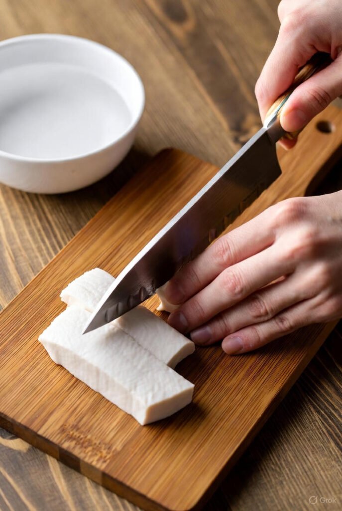 limpiando y cortando en una tabla de madera con un cuenco de agua fría al lado