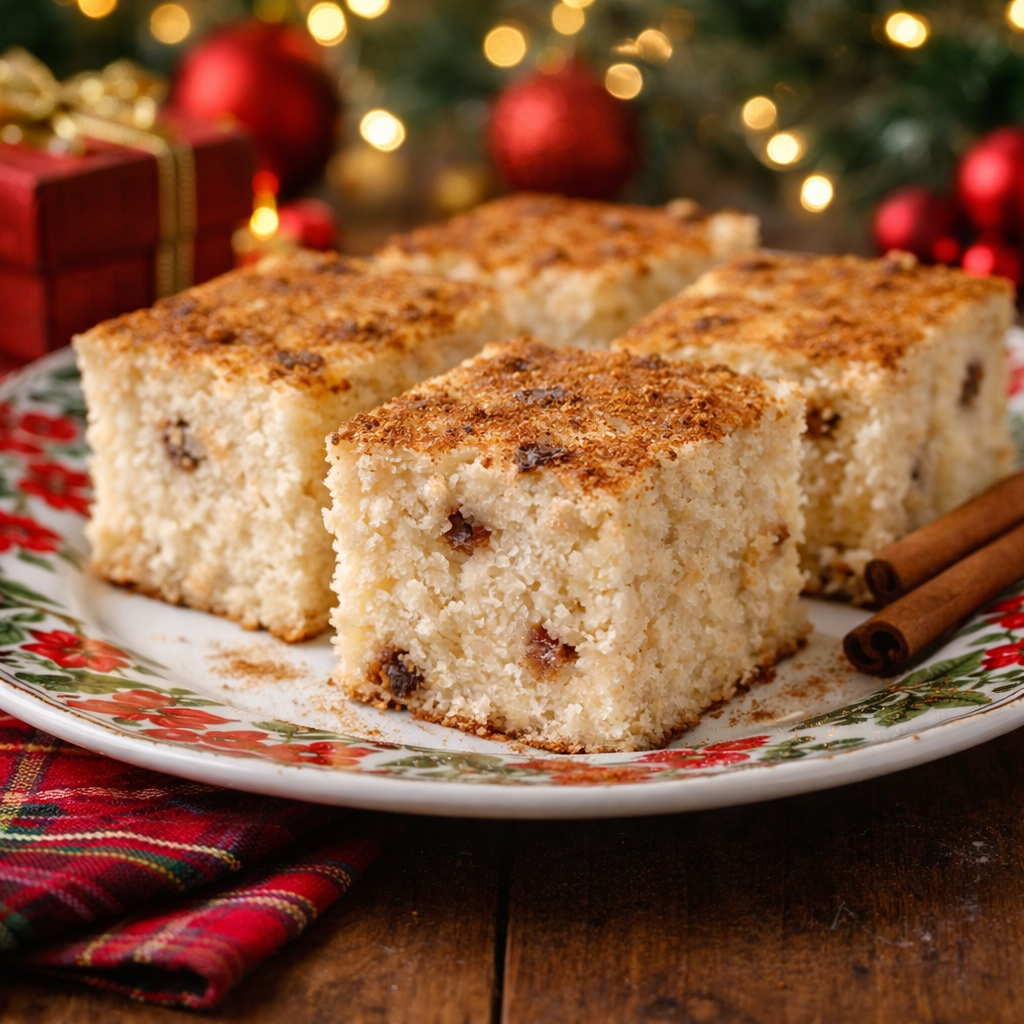 Bizcocho de Yuca Navideño Rebanadas servidas en mesa navideña